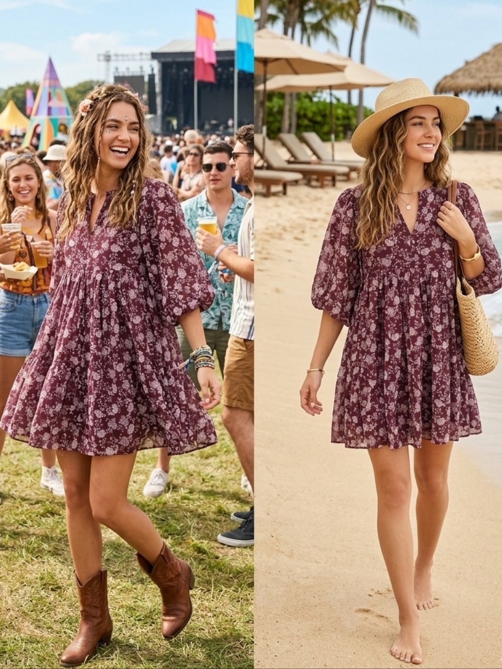 Madewell Splitneck Puff-Sleeve Mini Dress - Olivia Floral Dark Fig - Size M
